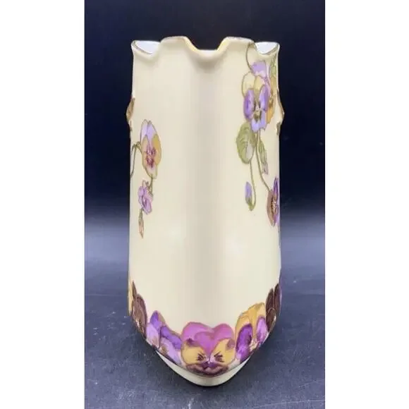Antique H&Co Limoges Cream Pitcher 1 Pint Gold Floral Pansies - RARE